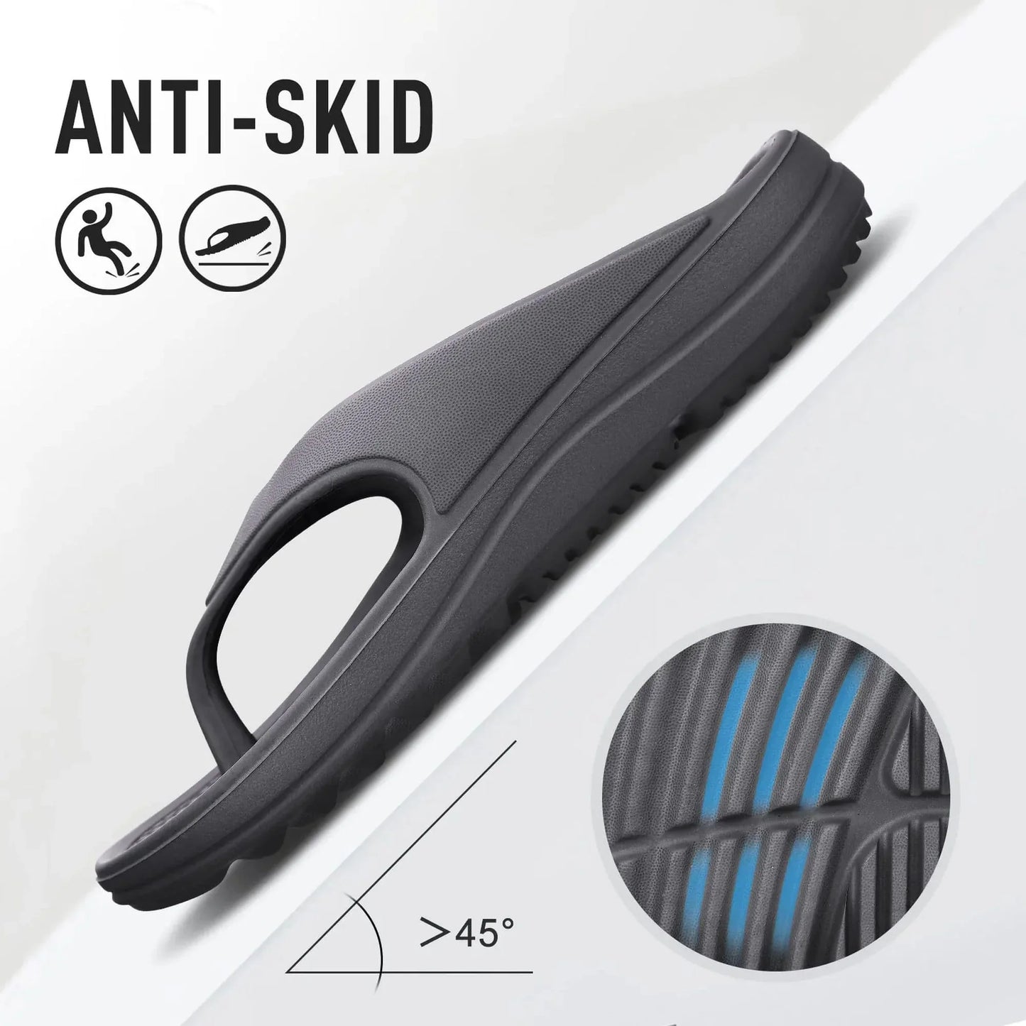 Anti-skid gray slide sandal on an incline, grippy sole detail, slip-resistant footwear