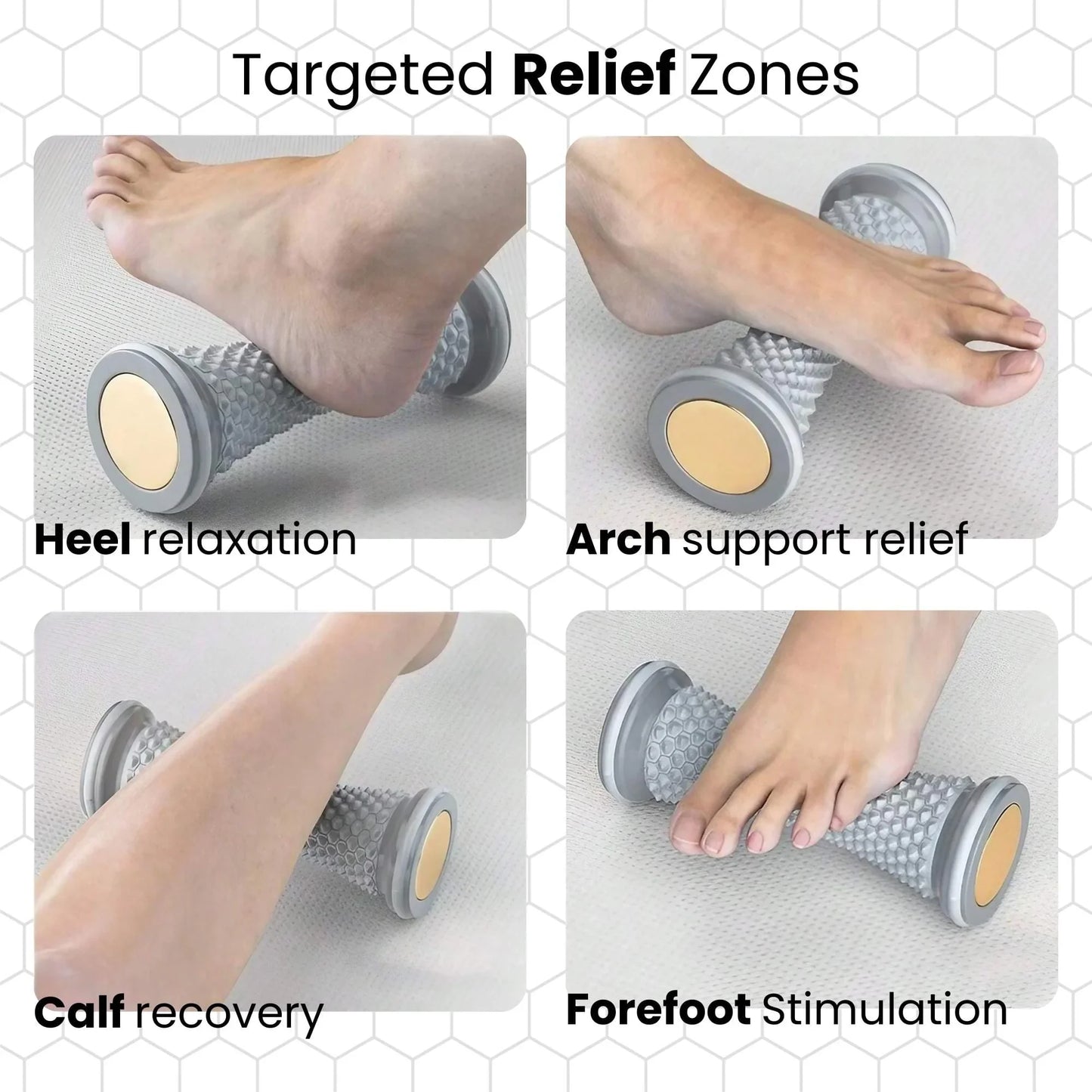 Foot and calf massager roller targeting heel, arch, calf, and forefoot pain relief