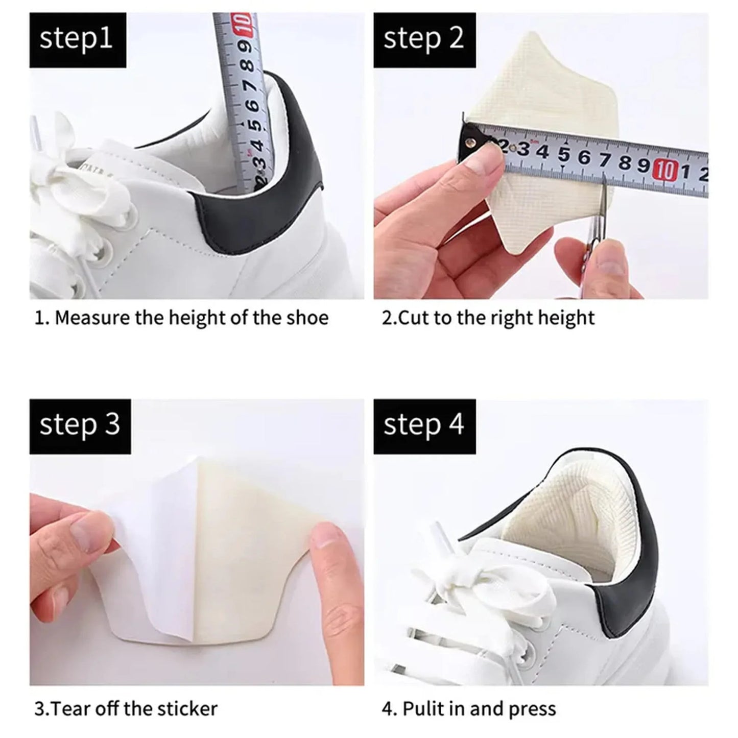 Heel cushion installation guide with steps showing measuring, cutting, peeling sticker, and placing in shoe.
