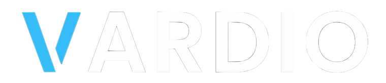 Bold VARDIO text logo with a blue V on a black background