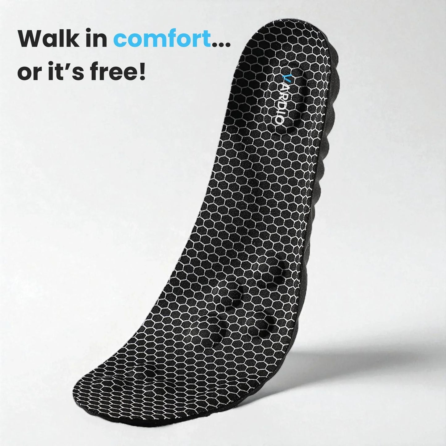 Black honeycomb-patterned insole for foot pain relief and comfort, standing upright on white background.