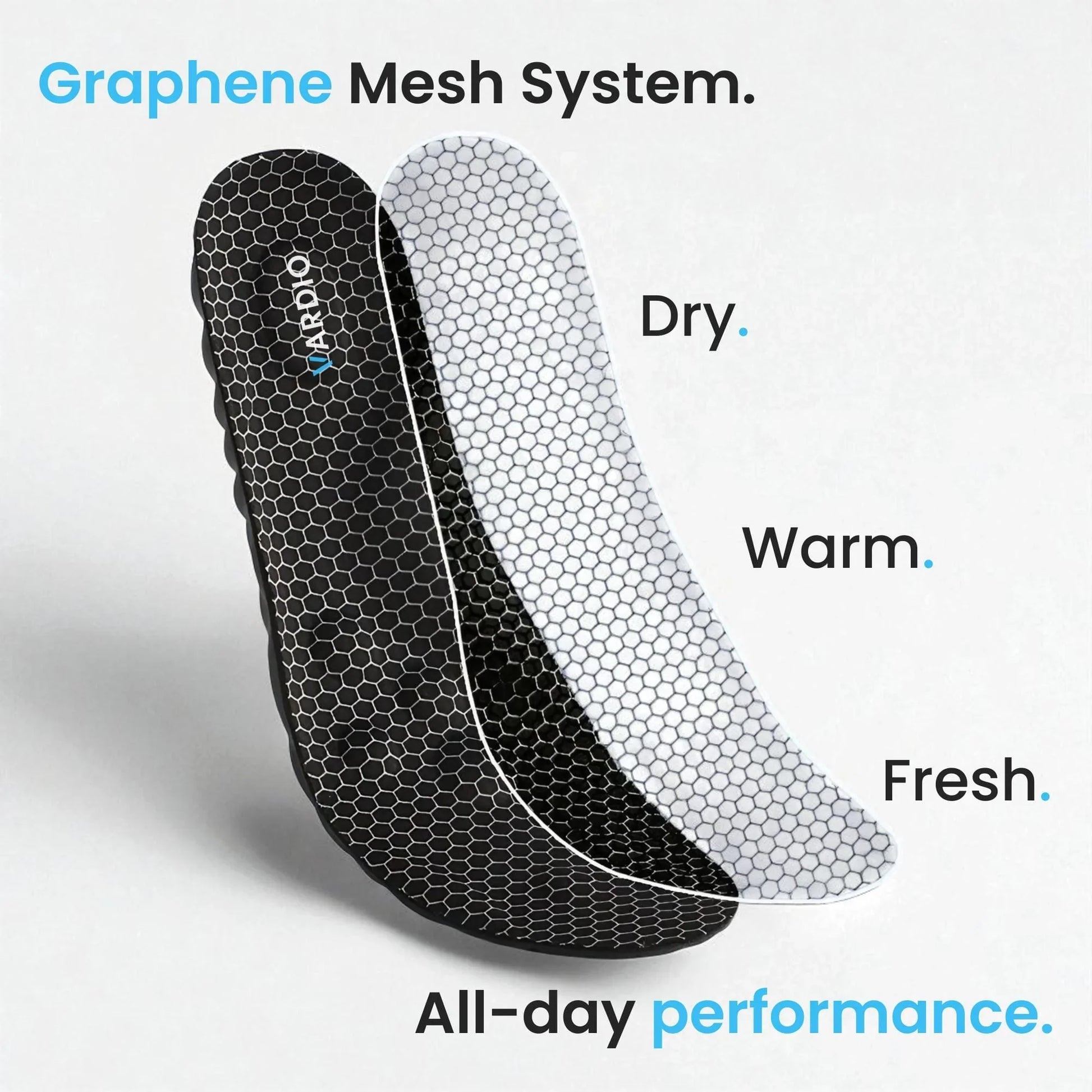 Graphene mesh insole with hexagonal pattern, featuring dry, warm, fresh all-day comfort.