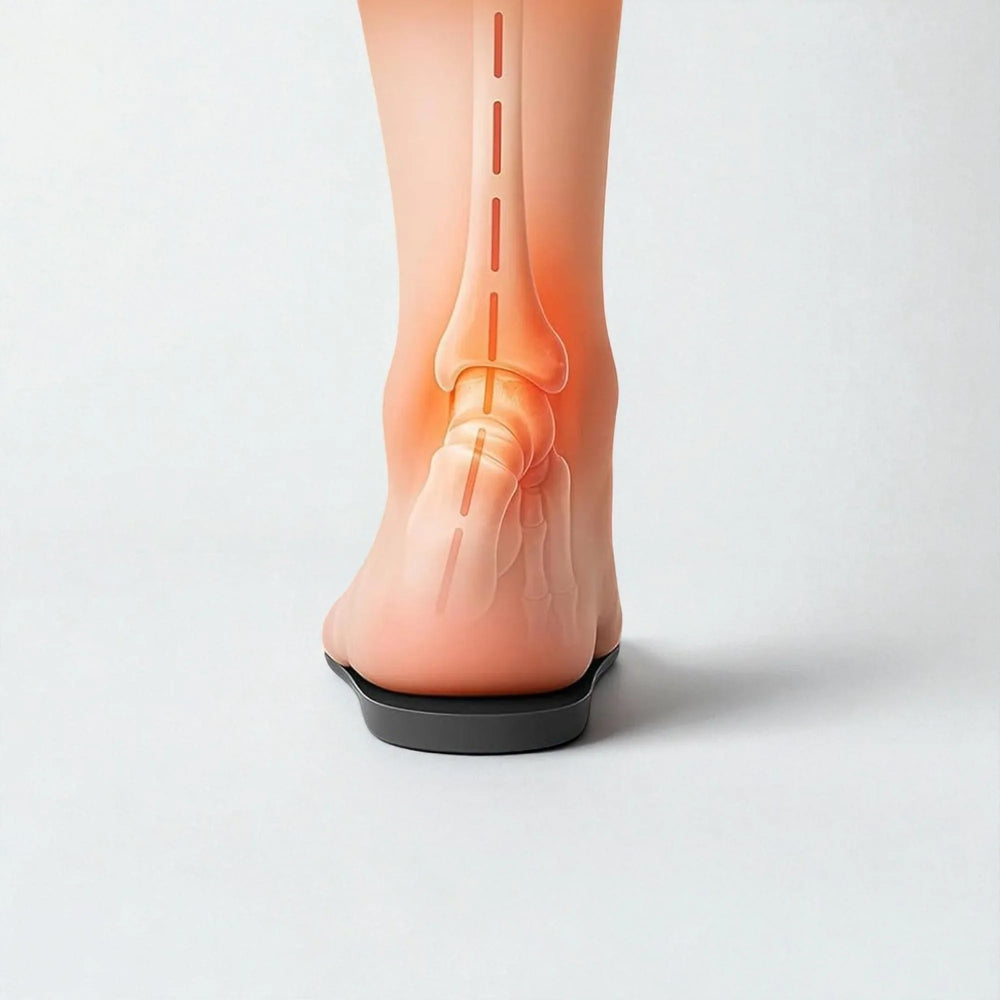 Rear view of foot with bone illustration wearing insole for arch support and pain relief