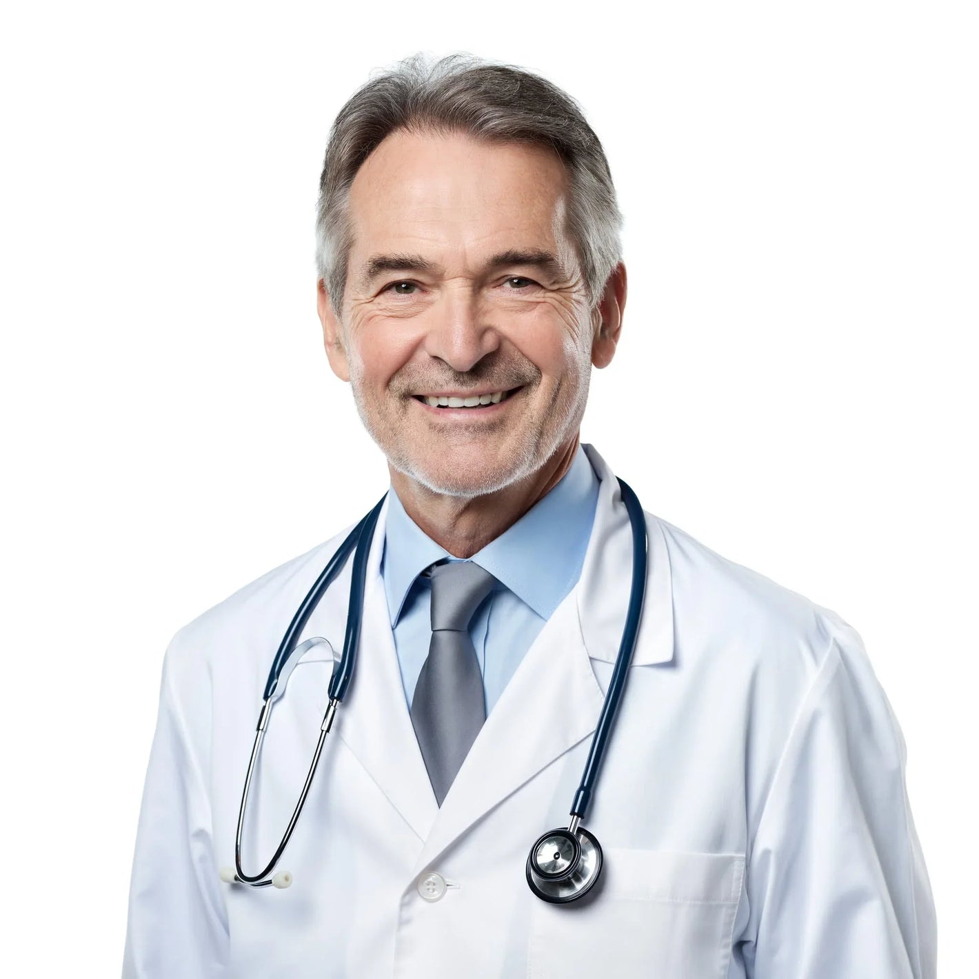 Smiling male doctor with stethoscope in white coat on white background