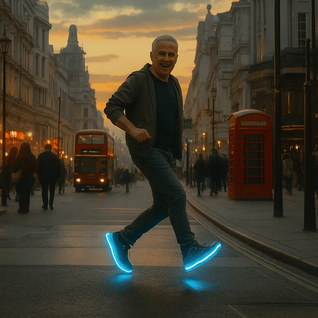 Man walking in city street at sunset wearing glowing blue comfort insoles, London bus and phone booth in background
