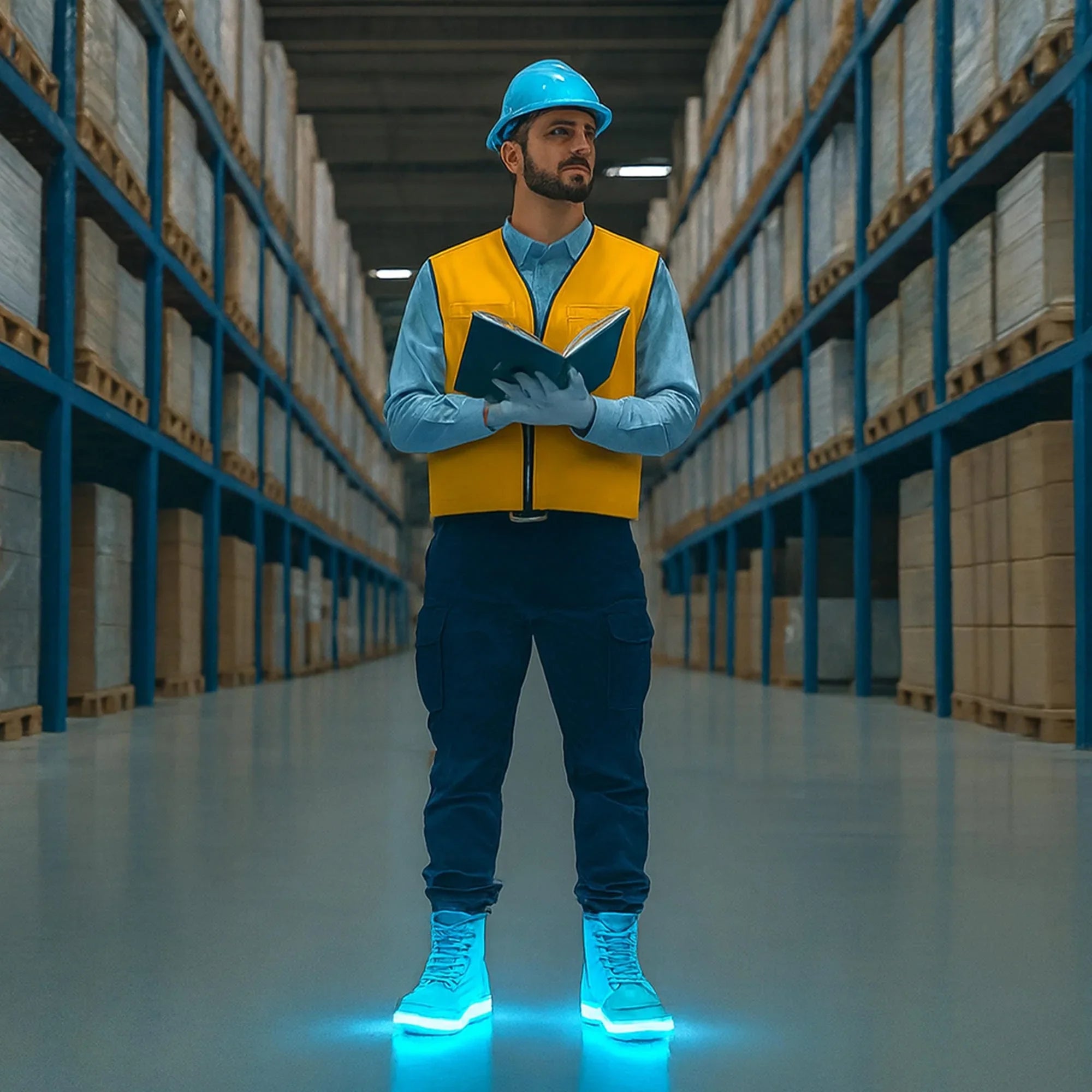Warehouse worker in safety gear with glowing insoles stands among storage racks.