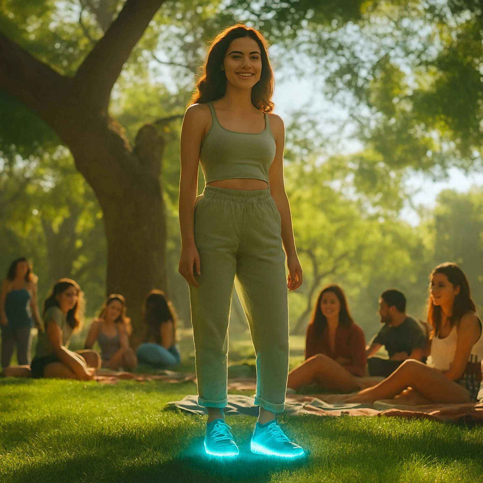 Woman standing on grass in a park wearing glowing comfort insoles, group relaxing nearby
