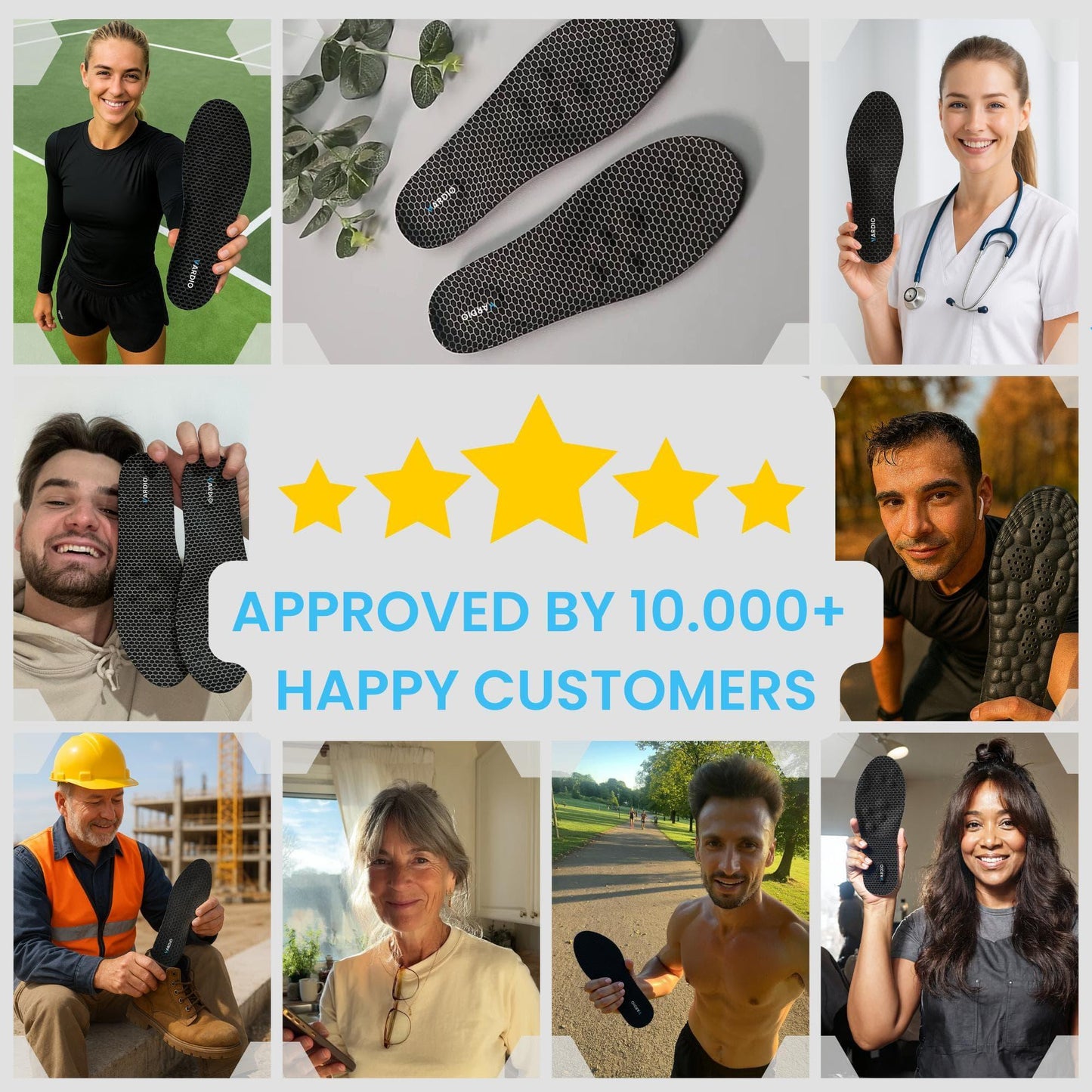 Collage of people holding black honeycomb insoles, five-star rating and approval text, supportive insoles for comfort.