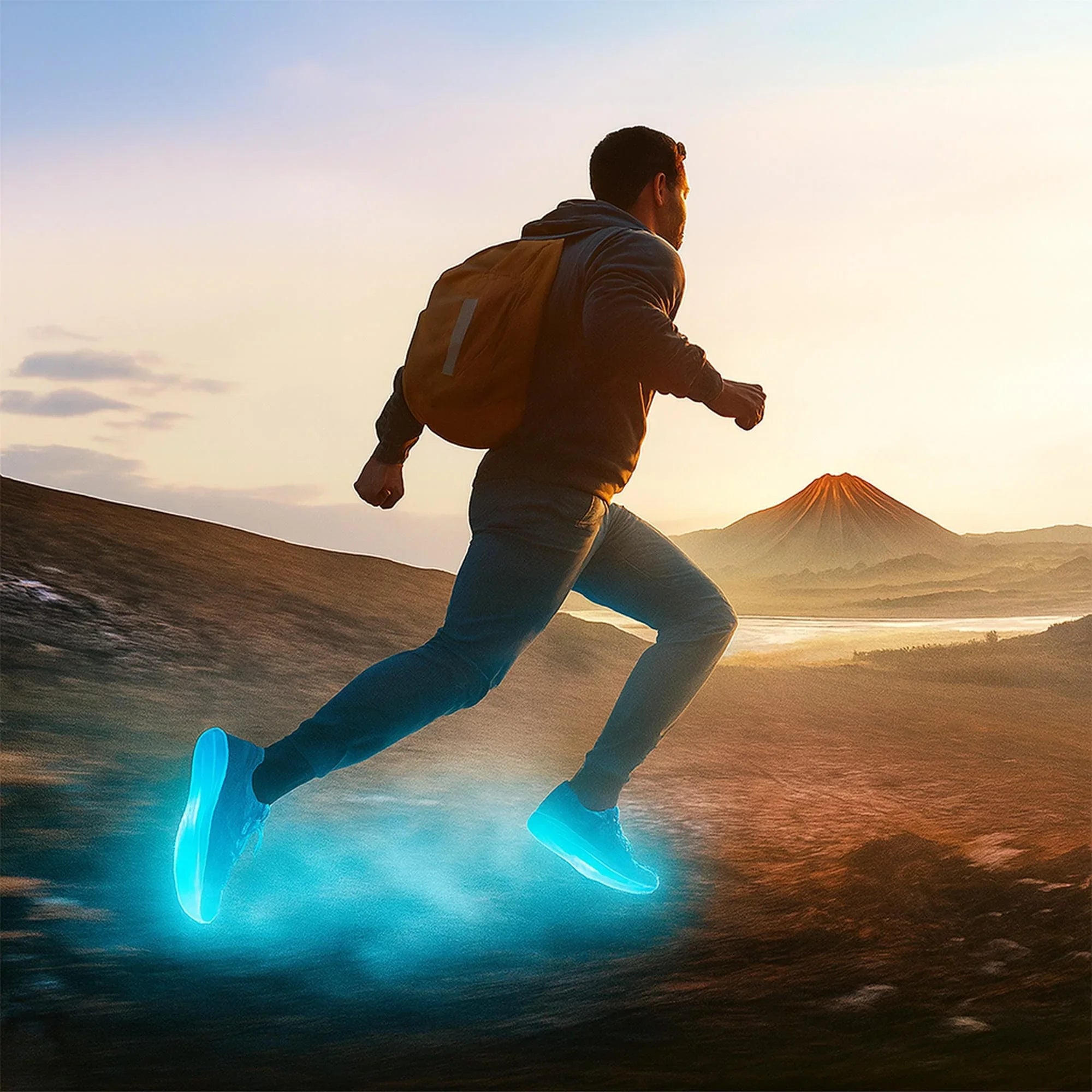 Man running outdoors at sunrise with glowing shoes and mountain in background