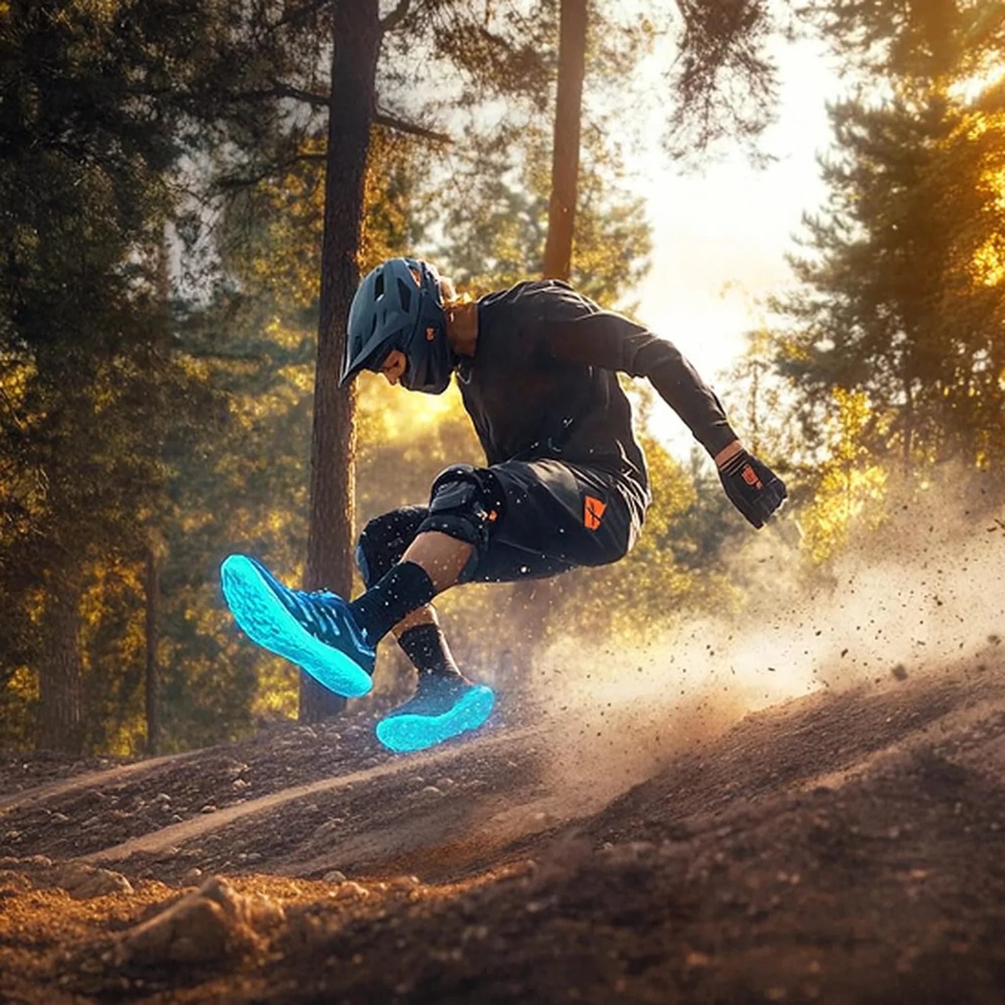 Mountain biker wearing helmet and gloves jumps with glowing blue insoles on a dirt trail