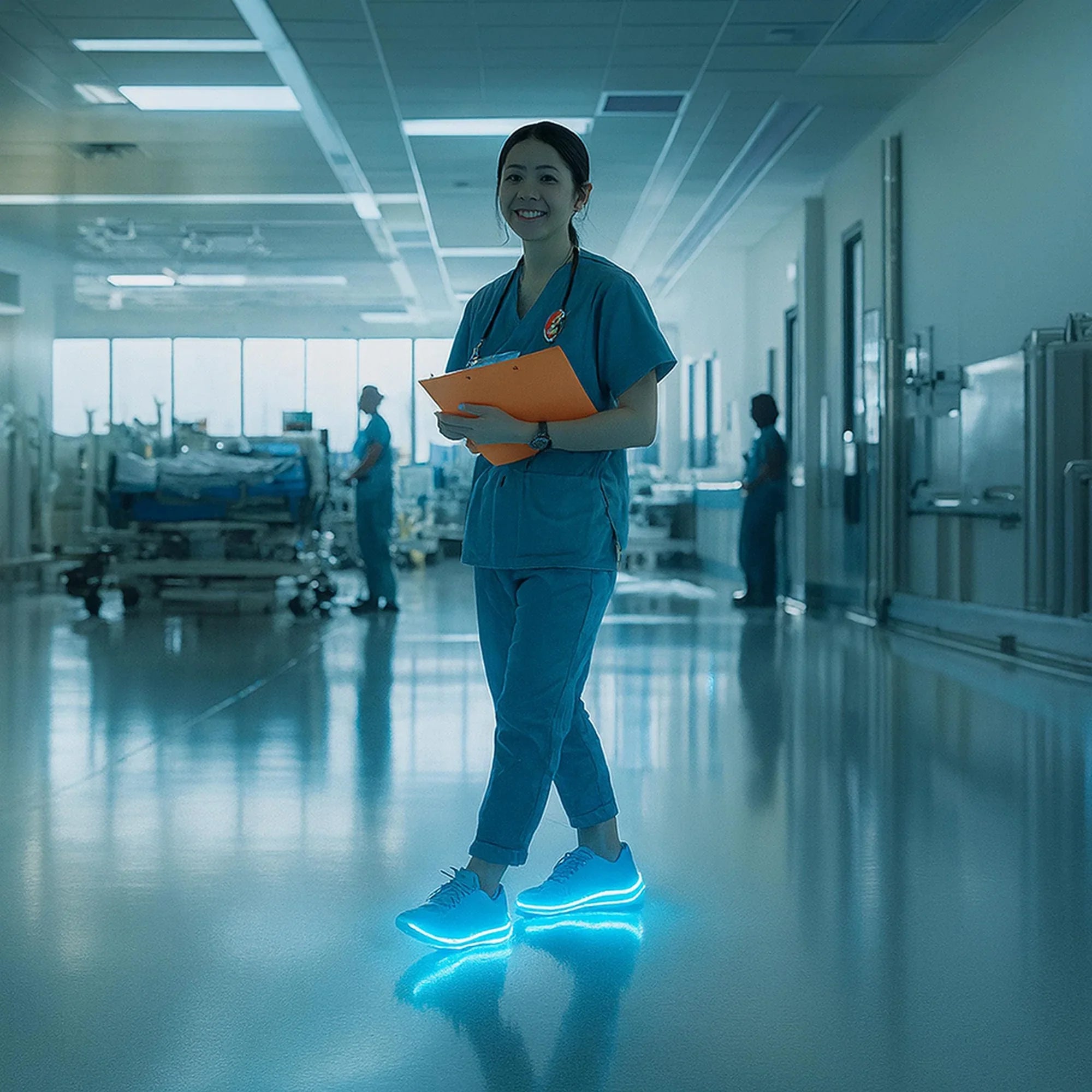Nurse in scrubs walking in hospital hallway wearing glowing comfortable insoles