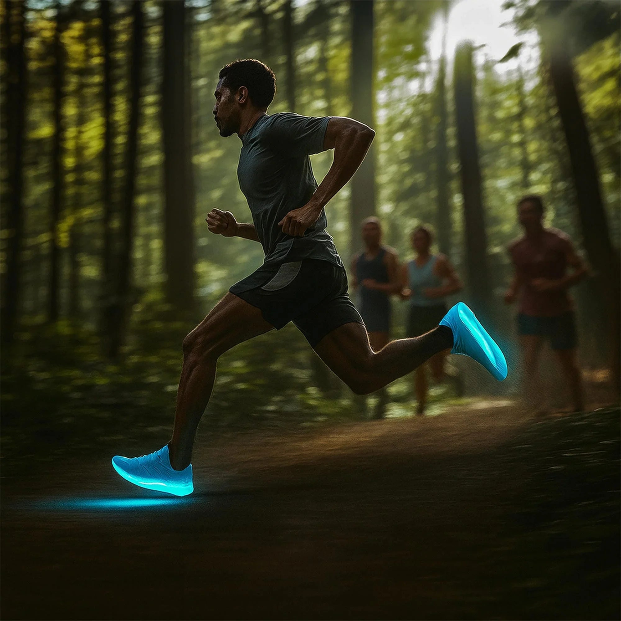 Runner in athletic wear with glowing blue shoes sprinting on a forest trail, fitness concept