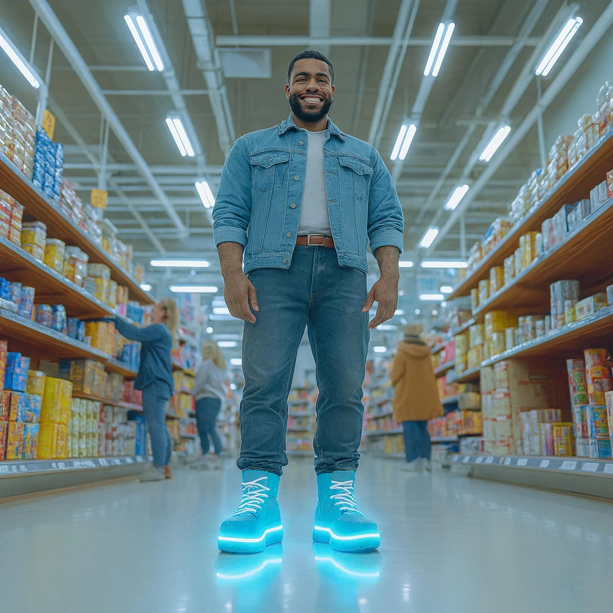 Smiling man in denim outfit wearing glowing blue shoes in grocery store aisle